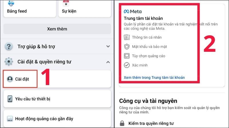 Chọn Cài đặt > Chọn vào phần Trung tâm tài khoản