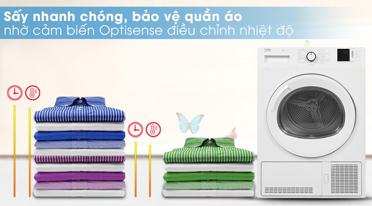 Máy sấy ngưng tụ Beko 8 kg DU8133GA0W tự động điều chỉnh nhiệt độ sấy phù hợp với lượng quần áo nhờ cảm biến thông minh Optisense