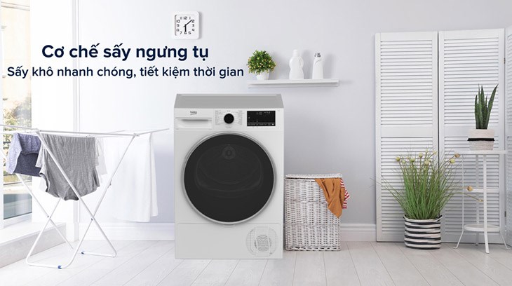 Máy sấy ngưng tụ Beko 9 kg B3T4319W sử dụng công nghệ sấy ngưng tụ, đảm bảo an toàn cho gia đình có trẻ nhỏ