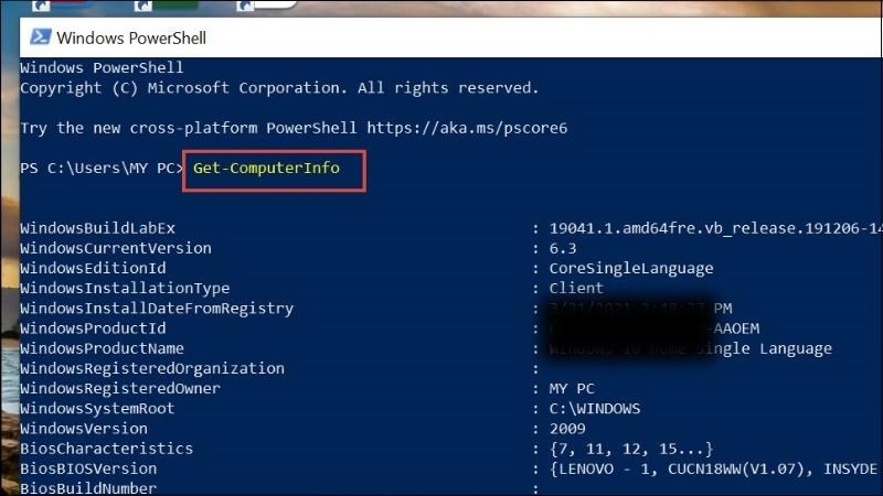 Nhập Get-ComputerInfo > Nhấn chọn Enter