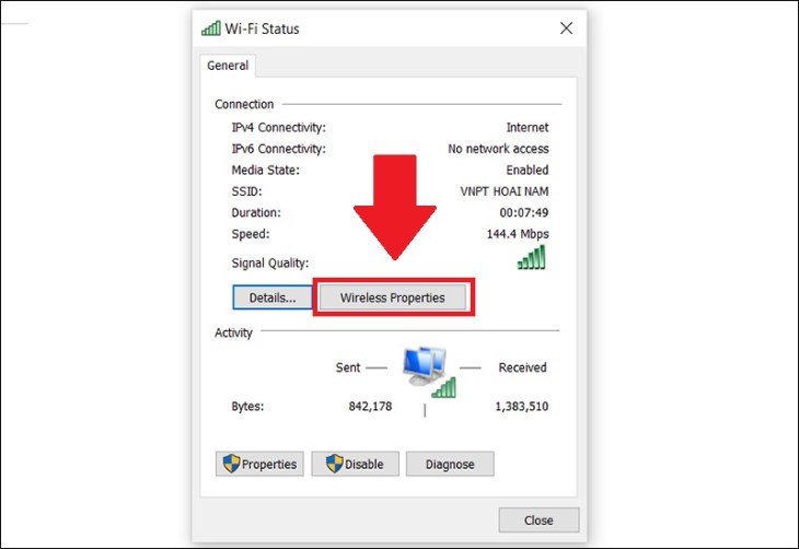 Bạn chọn Wireless Properties tại Connection