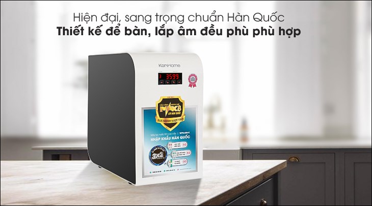 Máy lọc nước RO Korihome WPK-606-K 8 lõi có kiểu dáng sang trọng, kích thước gọn gàng, dễ dàng lắp đặt để bàn, treo tường hay âm tủ