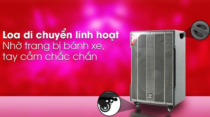 Loa kéo karaoke Dalton TS-18G850X 850W có tay kéo cầm cùng với 4 bánh xe, giúp bạn dễ dàng di chuyển loa karaoke một cách thuận tiện