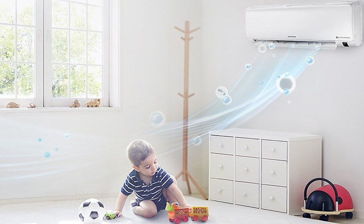 You should only keep the child in the air-conditioned room for 2 - 3 hours and then switch to the fan mode