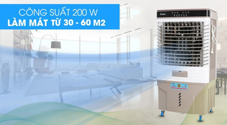 Quạt điều hòa Rapido 9000D có công suất 200W, thích hợp sử dụng cho không gian rộng như sảnh chờ, hội trường, quán cà phê, cửa hàng,...