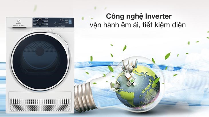 Máy sấy ngưng tụ Electrolux 8 kg EDC804P5WB trang bị công nghệ Inverter vận hành nhẹ nhàng, yên tĩnh và tiết kiệm điện năng