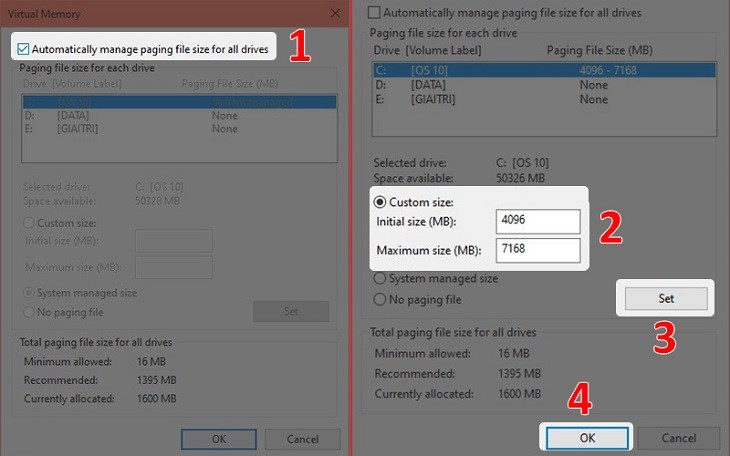 Lựa chọn bỏ đánh dấu ở dòng Automatically manage paging file size for all drives