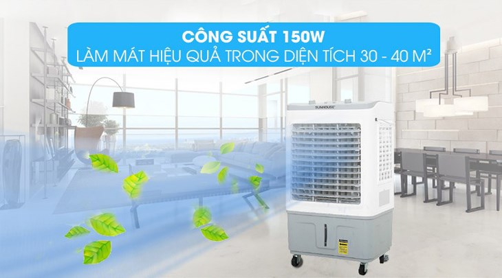 Quạt điều hòa Sunhouse SHD7734 hoạt động với công suất 150W, làm mát hiệu quả cho phòng có diện tích từ 30 - 40m2