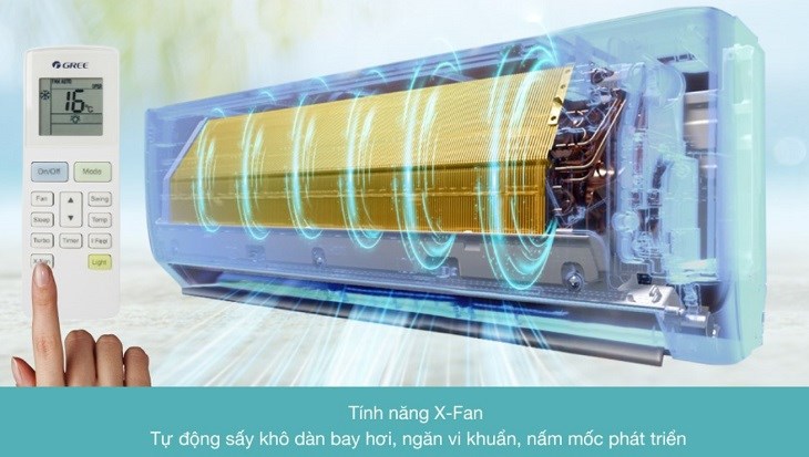 Chế độ X- Fan trên máy lạnh Gree Inverter 1 HP GWC09FB-K6D9A1W giúp ngăn ngừa nấm mốc và loại bỏ mùi hôi dàn lạnh hiệu quả, góp phần nâng cao độ bền sản phẩm tốt hơn