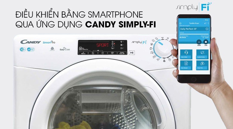 Thông qua ứng dụng Simpli Fi, bạn có thể quản lý mọi chức năng trên máy giặt Candy tiện lợi