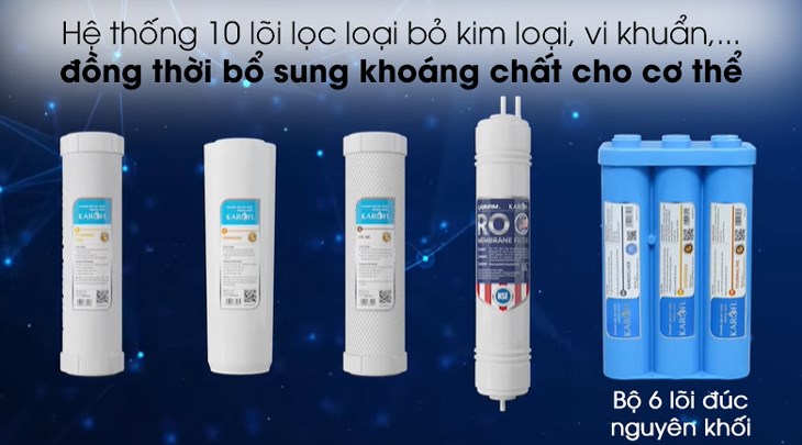 Máy lọc nước không vỏ RO Karofi KAQ-U95 10 lõi sử dụng hệ thống 10 lõi lọc giúp loại bỏ 99.9% bụi bẩn, kim loại, vi khuẩn