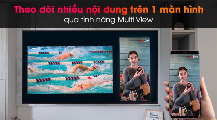 Xem nhiều nội dung cùng lúc trên màn hình với chế độ Multi View trên Smart Tivi Khung Tranh The Frame QLED Samsung 4K 55 inch QA55LS03B