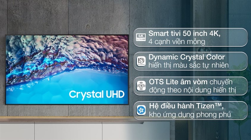 Smart Tivi Samsung 4K Crystal UHD 50 inch UA50BU8500 được trang bị bộ xử lý Crystal 4K, hỗ trợ nâng cấp chất lượng hình ảnh mượt mà, chân thực