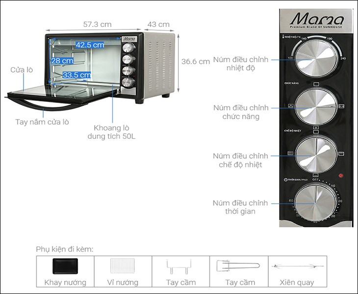 Kích thước của lò nướng thùng Sunhouse Mama SHD4250S 50 lít 