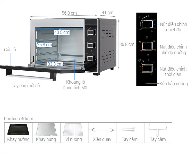 Kích thước của lò nướng thùng Sanaky VH5099S2D 50 lít