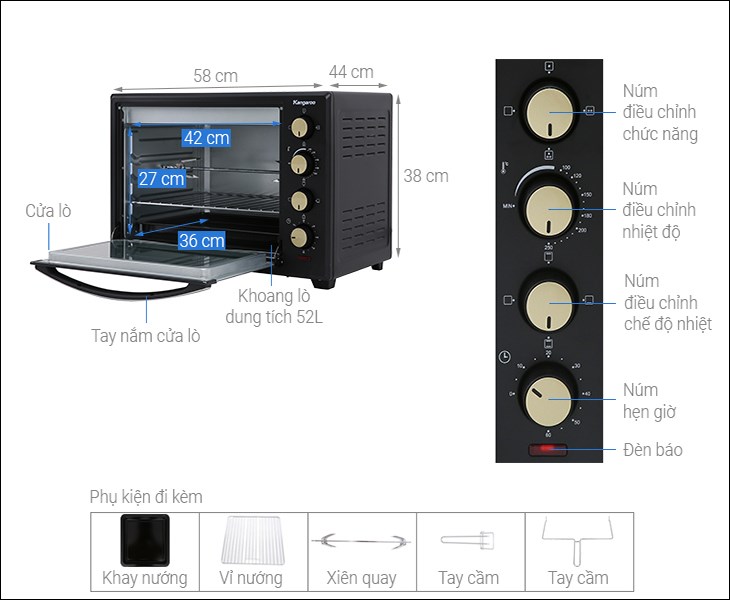 Kích thước lò nướng thùng Kangaroo KG5201 52 lít 