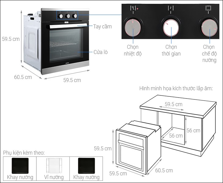 Kích thước lò nướng lắp âm Hafele HO-K60B (534.05.581) 65 lít