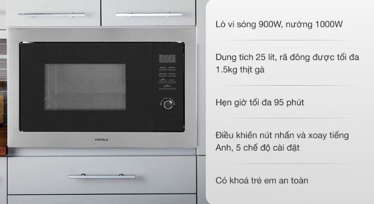 Lò vi sóng có nướng lắp âm Hafele HM-B38A (535.34.000) 25 lít có thiết kế lắp âm, giúp không gian bếp gọn gàng hơn