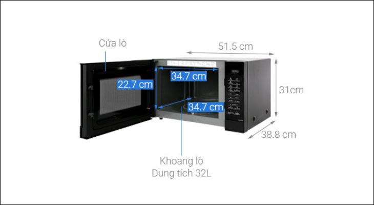 Lò vi sóng Panasonic NN-ST65JBYUE 32 lít có kích thước bên ngoài là 51.5 x 31 x 38.8 cm