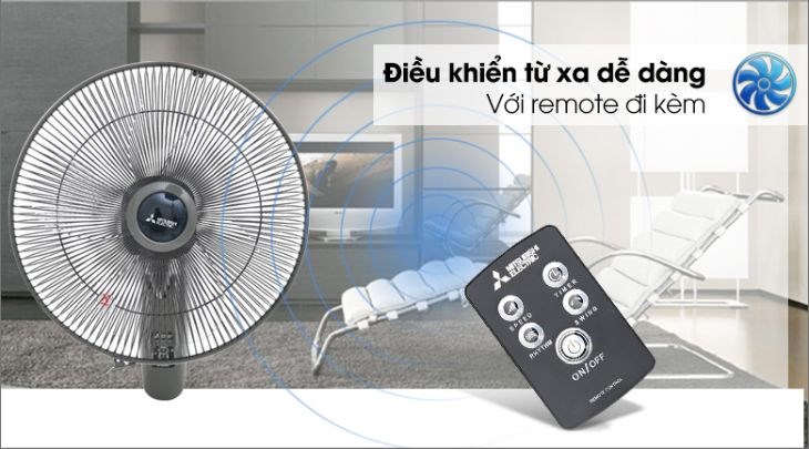 Quạt treo Mitsubishi W16-RV có  điều khiển từ xa tiện lợi, người dùng có thể điều chỉnh chế độ dùng quạt ở nhiều vị trí, khoảng cách
