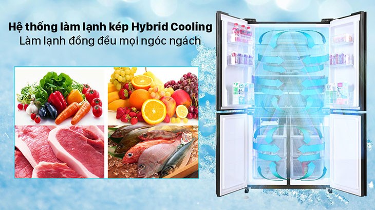 Tủ lạnh Sharp Inverter 525 lít SJ-FX600V-SL trang bị công nghệ lành lạnh kép Hybrid Cooling phân bổ đều khí lạnh trong tủ