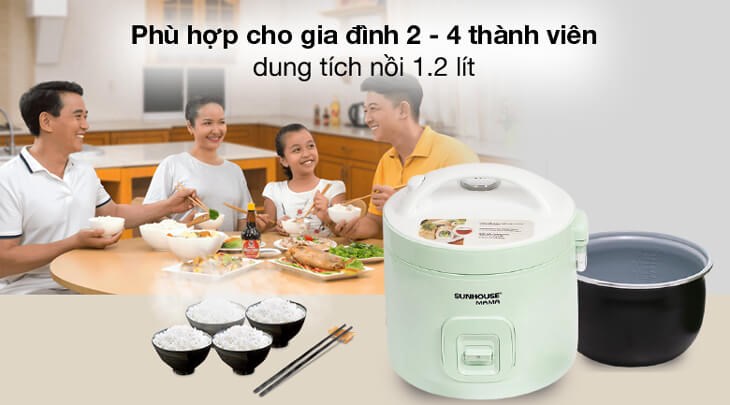 Nồi cơm nắp gài Sunhouse Mama 1.2 lít SHD8265B có dung tích 1.2 lít phục vụ tốt cho gia đình 2 - 4 người ăn