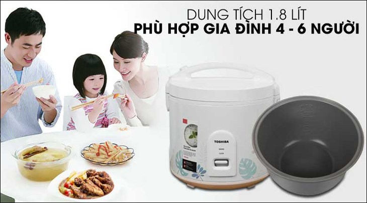 Nồi cơm nắp gài Toshiba 1.8 lít RC-18JH2PV(B) sở hữu dung tích 1.8 lít đáp ứng tốt nhu cầu nấu cơm cho gia đình có từ 4 - 6 người 