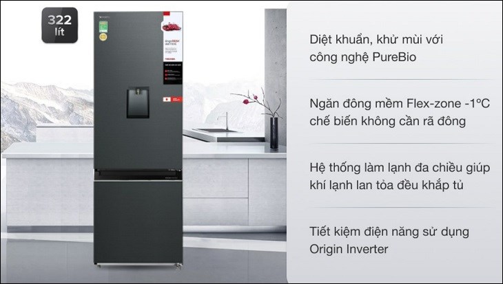 Tủ lạnh Toshiba Inverter 322 lít GR-RB405WE-PMV(06)-MG thuộc kiểu tủ lạnh ngăn đá dưới, thích hợp cho những gia đình có thói quen sử dụng ngăn đá nhiều hơn