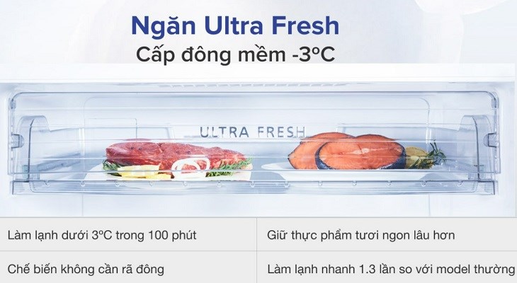 Tủ lạnh Toshiba Inverter 608 lít GR-AG66VA (XK) có ngăn đông mềm cấp đông mềm Ultra Fresh duy trì chất dinh dưỡng và độ tươi ngon các loại hải sản, thịt được tối ưu