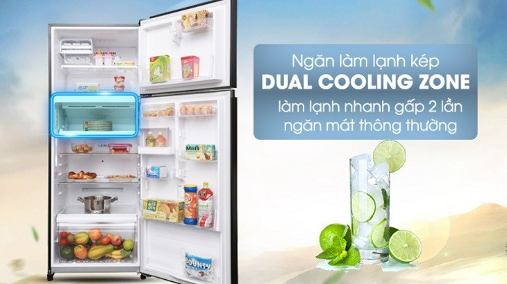 Ngăn làm lạnh kép Dual Cooling Zone trên tủ lạnh Toshiba có khả năng làm lạnh thực phẩm chỉ trong thời gian ngắn