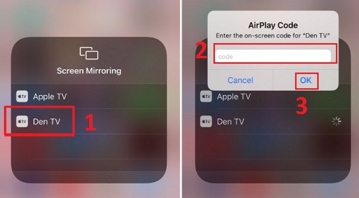 Chọn tivi muốn chiếu màn hình rồi nhập mật mã xác nhận kết nối AirPlay 2