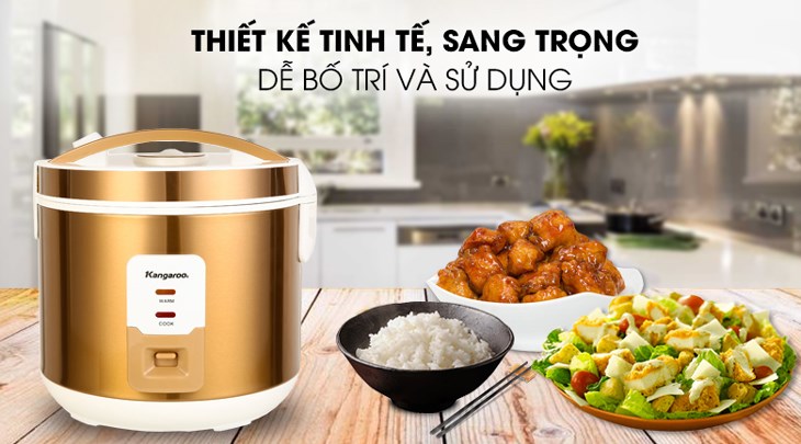 Nồi cơm nắp gài Kangaroo 2.2 lít KG572 có thiết kế tinh tế với gam màu vàng đồng - trắng bắt mắt, gia tăng tính thẩm mỹ cho không gian bếp