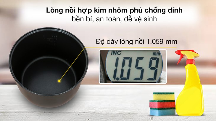 Lòng nồi cơm điện nắp gài Kangaroo 1.8 lít KG18RC3 được làm bằng hợp kim nhôm phủ chống dính, đảm bảo cơm không bị dính vào nồi, dễ dàng vệ sinh