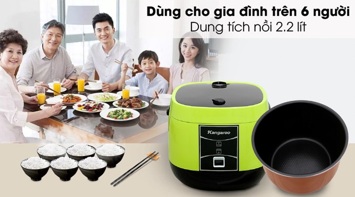 Nồi cơm nắp gài Kangaroo 2.2 lít KG22R1 có dung tích 2.2 lít, đáp ứng nhu cầu nấu cơm cho gia đình trên 6 người ăn