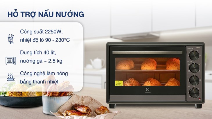 Lò nướng Electrolux EOT4022XFG 40 lít hoạt động với công suất 2250W, giúp nướng chín thức ăn nhanh chóng, chuẩn vị