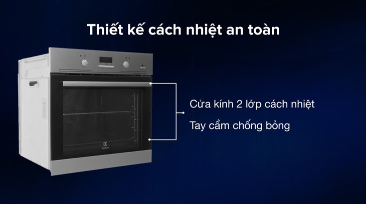 Lò nướng âm Electrolux EOB3434BOX 72 lít có thiết kế cách nhiệt, giúp đảm bảo an toàn cho người dùng trong quá trình sử dụng