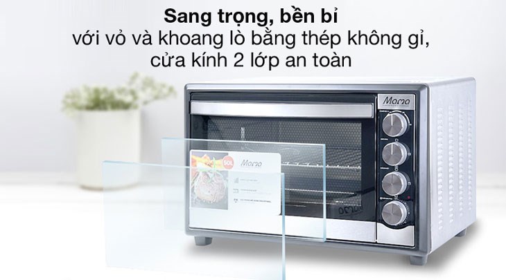 Vỏ và khoang lò nướng Sunhouse Mama SHD4250S 50 lít được làm bằng thép không gỉ dễ dàng vệ sinh, an toàn sức khỏe