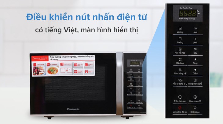 Lò vi sóng Panasonic NN-ST65JBYUE 32 lít có bảng điều khiển điện tử với chú thích bằng tiếng Việt, hỗ trợ người dùng dễ thao tác