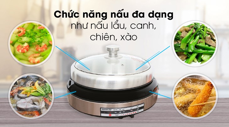 Nồi lẩu điện Sunhouse SHD4526 4 lít có thể chế biến đa dạng các món ăn như: nấu lẩu, chiên xào, canh, súp... tiện lợi