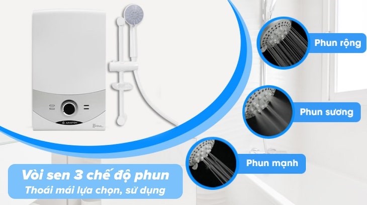 Vòi sen 3 kiểu phun của máy nước nóng trực tiếp Ariston 4500W Aures SM45E SBS VN giúp mang lại sự đa dạng trong trải nghiệm sử dụng