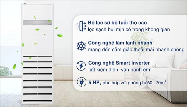 Máy lạnh tủ đứng LG Inverter 5 HP ZPNQ48GT3A0 có kiểu dáng đứng, sở hữu công suất 5 HP mang lại hiệu quả làm mát cho không gian từ 160 - 210m³