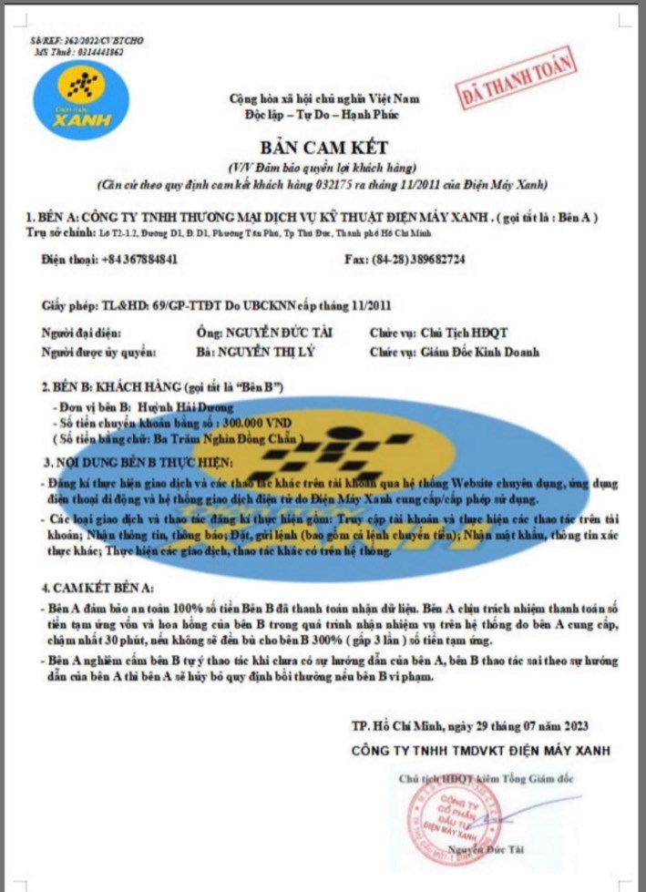 Gửi bản cam kết giả mạo cho khách hàng để lừa đảo