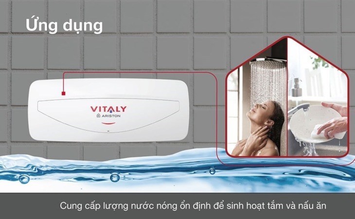 Máy nước nóng gián tiếp Ariston 20 lít 2500W VITALY 20 SLIM 2.5 FE giúp người dùng có thể sử dụng nước nóng ở nhiều vòi ra