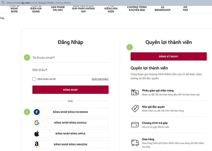 Tạo tài khoản hoặc đăng nhập qua website hãng LG