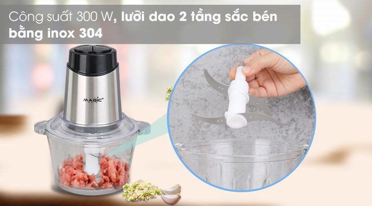 Máy xay thịt Magic Eco AC-15 có công suất hoạt động 300W với lưỡi dao kép 2 tầng bằng inox 304, giúp làm nhỏ thức ăn nhanh chóng