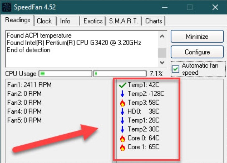 Giao diện khi kiểm tra nhiệt độ bằng phần mềm SpeedFan