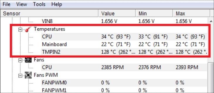 Giao diện khi kiểm tra nhiệt độ bằng phần mềm CPUID HWMonitor