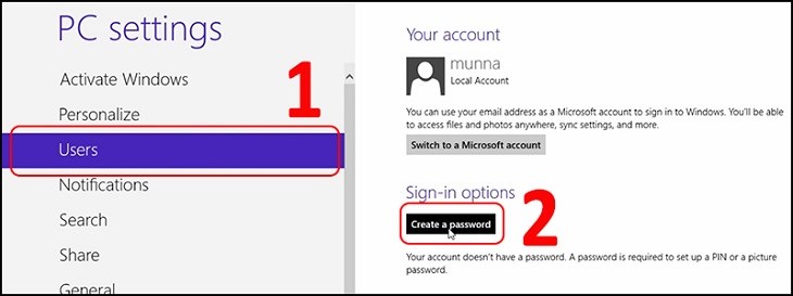 Ở mục PC Settings, bạn chọn vào Users và tiếp tục chọn Create a password