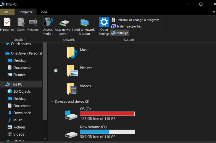 Bạn truy cập vào This PC rồi chọn Manage