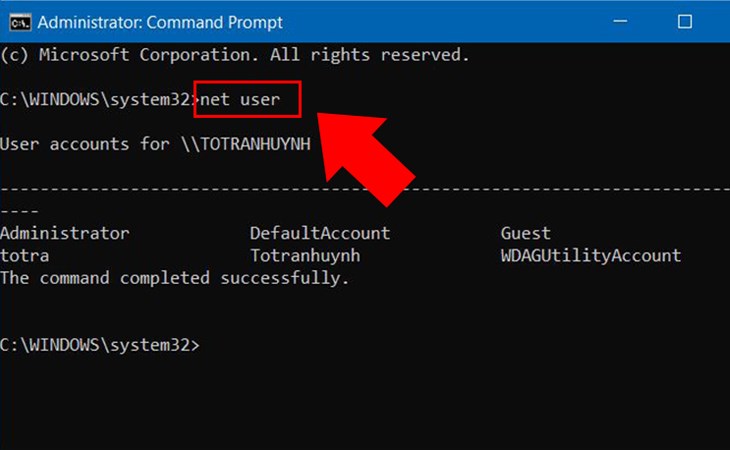Bạn nhập net user rồi nhấn enter